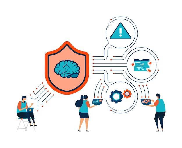 Artificial intelligence illustration of analyze and access networks secured by AI programs Look for warning or bug alert errors using ai tech Can be used for mobile app website web flyer poster ad