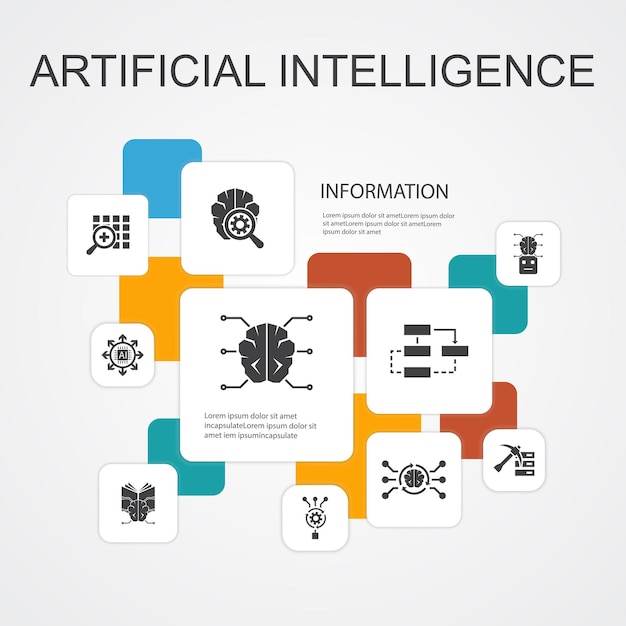 Artificial Intelligence Infographic 10 line icons template.Machine learning, Algorithm, Deep learning, Neural network simple icons