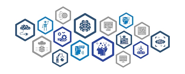 Artificial Intelligence infographic template with colored icons. Robotics, Chatbot, Database, Big Data vector illustration. Web banner layout template. Artificial intelligence technology background