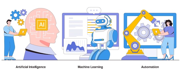 Artificial intelligence machine learning automation concept with character Business efficiency abstract vector illustration set Smart algorithms data analytics decisionmaking automation
