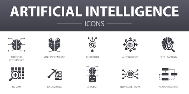 Artificial Intelligence simple concept icons set. Contains such icons as Machine learning, Algorithm, Deep learning, Neural network and more, can be used for web, logo, UI/UX
