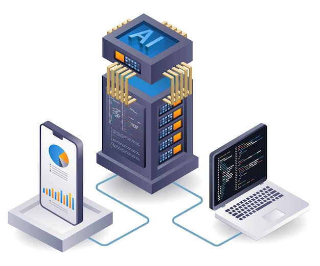 Artificial intelligence smartpon analyst cloud server flat isometric 3d illustration