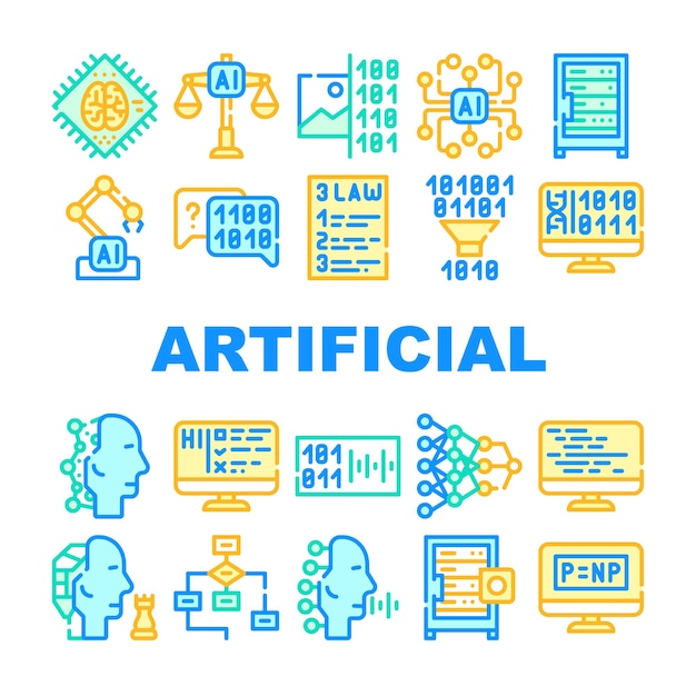 Artificial Intelligence System Icons Set Vector Artificial Intelligence Binary Code And Robot Digital Brain And Robotic Arm Collection Concept Linear Pictograms Color Contour Illustrations