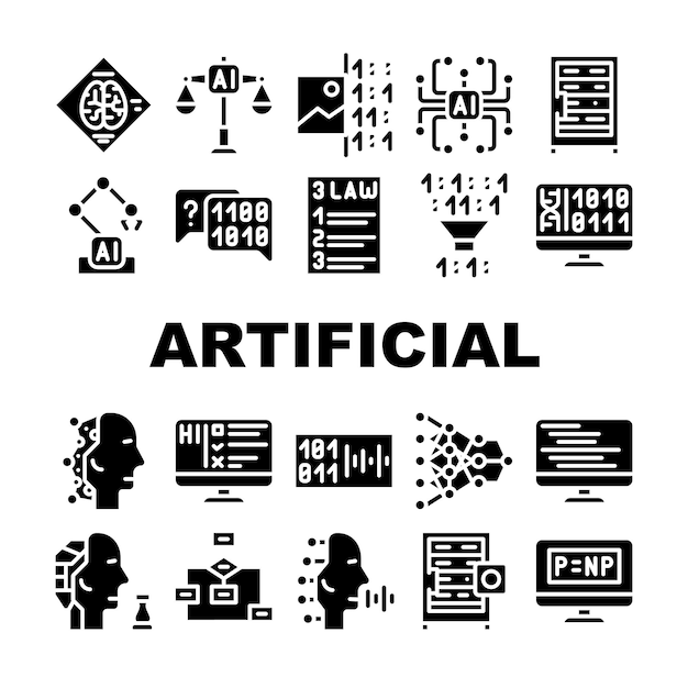 Artificial Intelligence System Icons Set Vector Artificial Intelligence Binary Code And Robot Digital Brain And Robotic Arm Collection Glyph Pictograms Black Illustrations