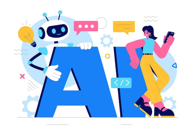 Artificial Intelligence Vector Illustration featuring a Digital Brain Technology and Engineering with a Programmer Analyzing Data or Scientific