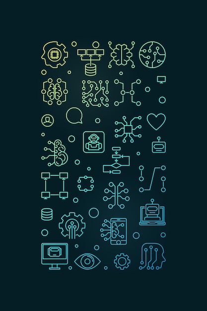 Artificial Intelligence vertical outline colored banner AI and ML Technology concept illustration with dark background