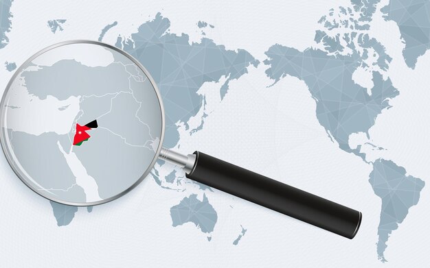 Asia centered world map with magnified glass on Jordan Focus on map of Jordan on Pacificcentric World Map