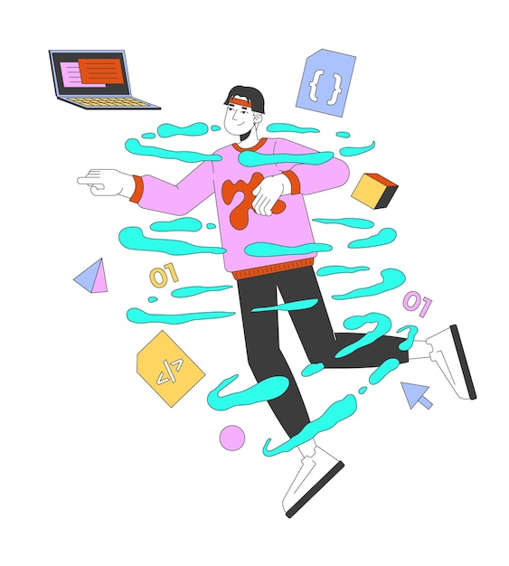 Asian man web developer in coding whirlpool 2D illustration concept