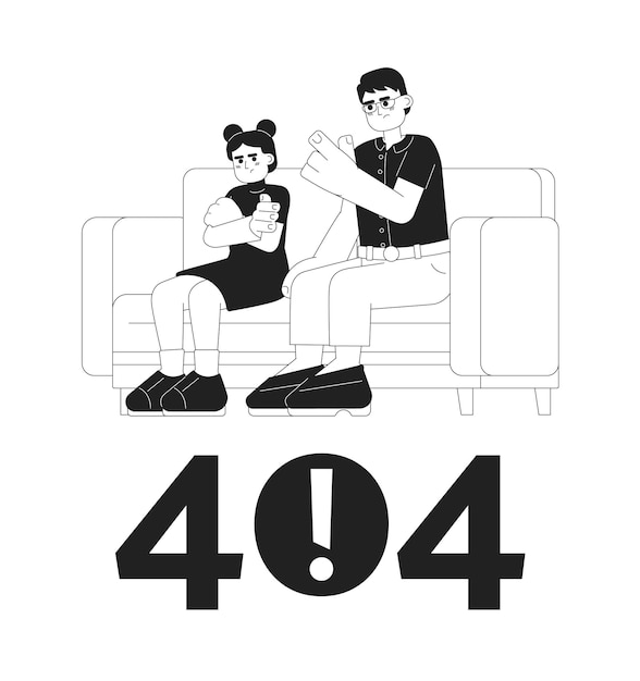 Asian parent scolding child black white error 404 flash message Father disciplining kid Monochrome empty state ui design Page not found popup cartoon image Vector flat outline illustration concept