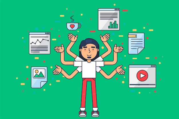 Asian programmer at work. Eastern seo specialist or freelancer with many hands programming new database or application coding. Web designer, developer and it engineer concept flat vector illustration