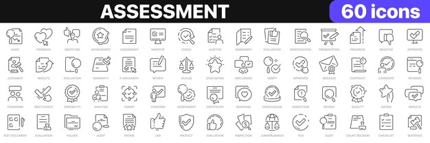 Assessment line icons collection Evaluation feedback warranty audit justice icons UI icon set Thin outline icons pack Vector illustration EPS10