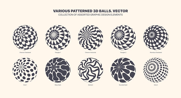 assorted vector patterned 3d spheres in tilted position set isolated on white