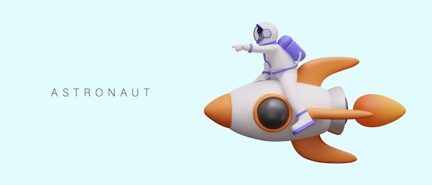 Astronaut flies on rocket and indicates direction with his hand Cosmonaut saddled rocket