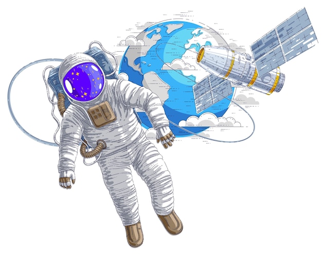 Astronaut flying in open space connected to space station and earth planet in background, spaceman in spacesuit floating in weightlessness and iss spacecraft with solar panels behind him. Vector.