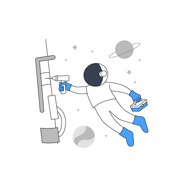 astronaut or cosmonaut repair satellite or spaceship with floating at space for under construction error page empty state illustration