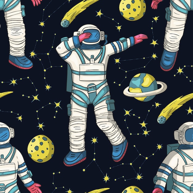 Astronaut seamless space vector pattern
