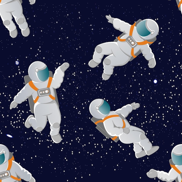 Astronauts with space suits in various poses. Space and stars.