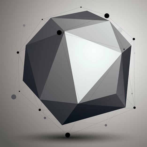 Asymmetric 3D abstract object with connected lines and dots, geometric form with lattice structure.