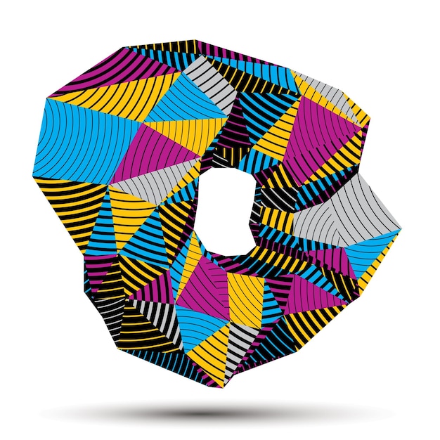 Asymmetric 3D abstract striped object, colorful geometric vector spatial form. Render and modeling.