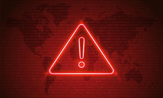 attention danger hacking. neon symbol on red map background. security protection.