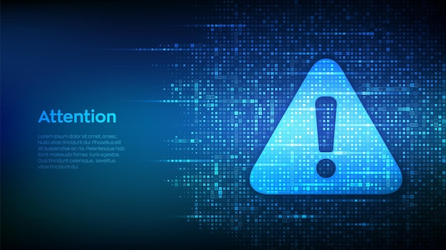 Attention symbol made with binary code Danger Sign Virus Alert Digital binary data and streaming digital code background Computer Hacked Error Concept Hacking Piracy Risk Vector Illustration