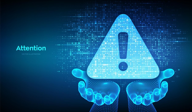 Attention symbol made with binary code in wireframe hands Danger Sign Virus Alert Streaming binary code background Computer Hacked Error Concept Hacking Piracy Risk Vector Illustration