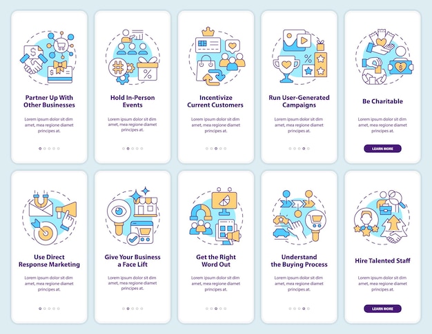 Attract clients to business tips onboarding mobile app screen set