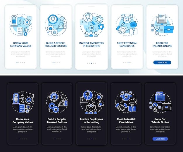 Attracting top clients dark, light onboarding mobile app page screen. Walkthrough 5 steps graphic instructions with concepts. UI, UX, GUI vector template with linear night and day mode illustrations