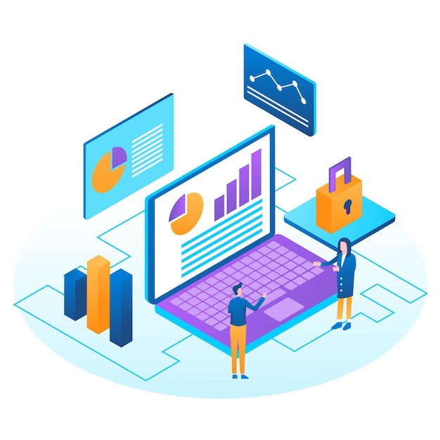 auditing business analysis concept with characters flat isometric design