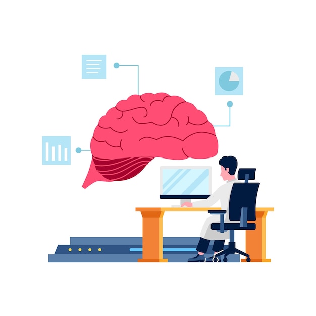 Augmented brain artificial intelligence thinking interactive with engineer programming from desk automation black illustration