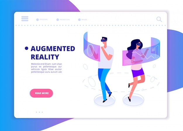 Augmented reality banner. People with headset and vr glasses gaming in virtual reality. Futuristic technology vector concept