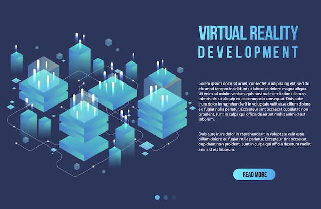 Augmented reality concept isometric banner. Flat design template for mobile app and website. Virtual reality isometric illustration.