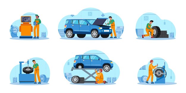 Auto repair shop compositions in flat design