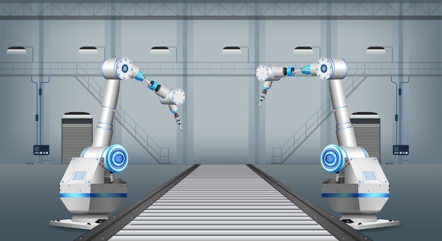 automation factory with robot assembly line in factory vector illustration