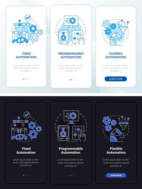 Automation types night and day mode onboarding mobile app screen