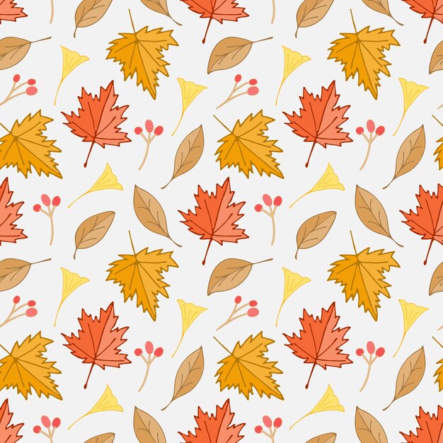 Autumn dry maple leaves and ginkgo leaf and berries seamless pattern background