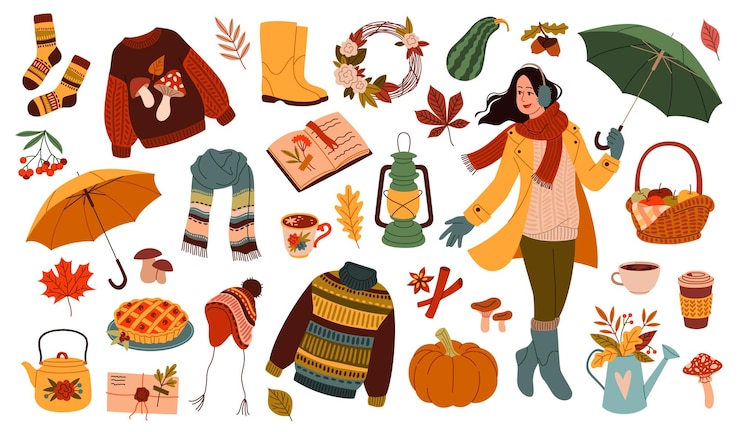Vektori autumn elements cute girl in warm clothes for rainy season holds umbrella cozy knitting things and botanical objects orange leaves and kettle with hot tea tidy cartoon flat vector set