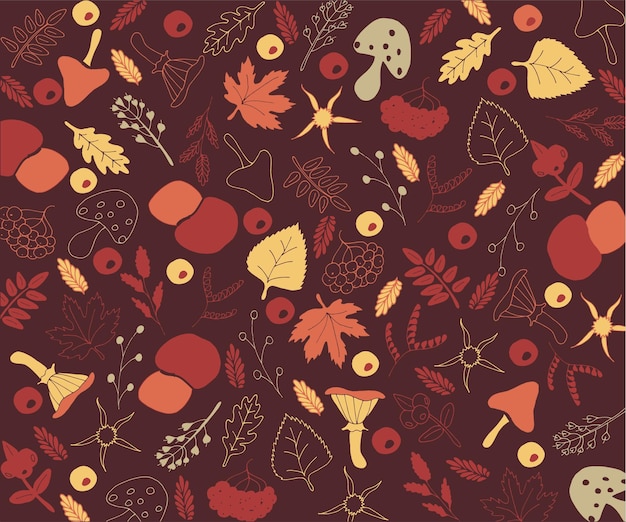 autumn pattern of leaves and berries in warm colors, seamless repetition. fashionable flat style. gr