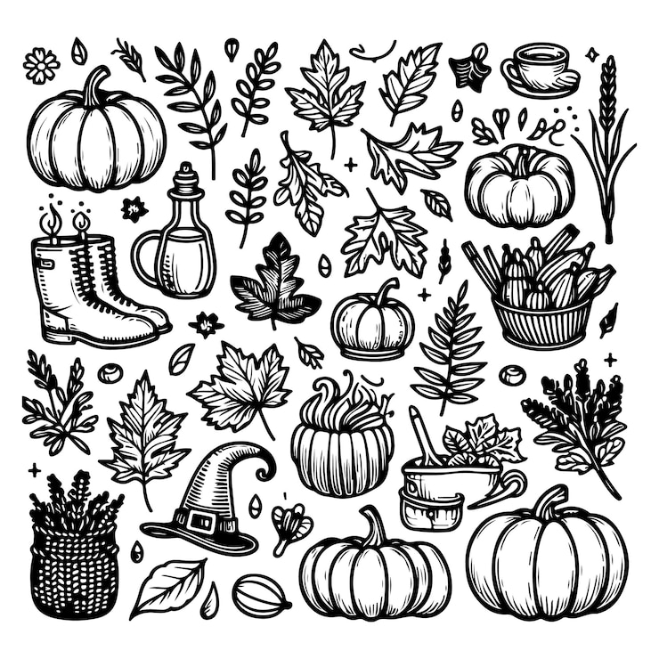 Vektori autumn set of line design elements fall thanksgiving day pumpkin season vector illustration
