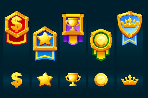 Award gold badges with icons for the winner ui games. Vector illustration set medals with crown, cup, star for graphic design.