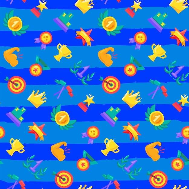 Awards seamless vector color pattern. Winner trophies, medals, prizes on striped blue background