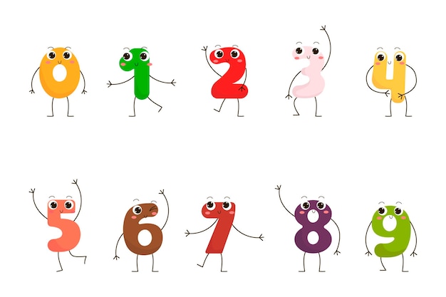 Awesome set of cute number symbols Hand draw funny fashionable cartoon figures characters Doodle