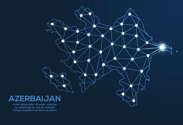 Azerbaijan communication network map Vector low poly image of a global map with lights in the form of cities Map in the form of a constellation mute and stars