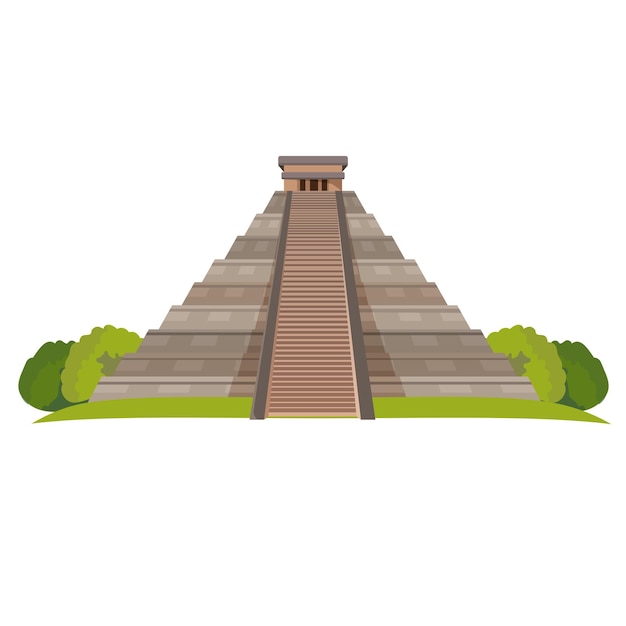 aztec pyramid with green bushes at base isolated on white. realistic  illustration of mayan pyramid landmark in central mexico.temple of kukulkan or el castillo pyramid in chichen itza