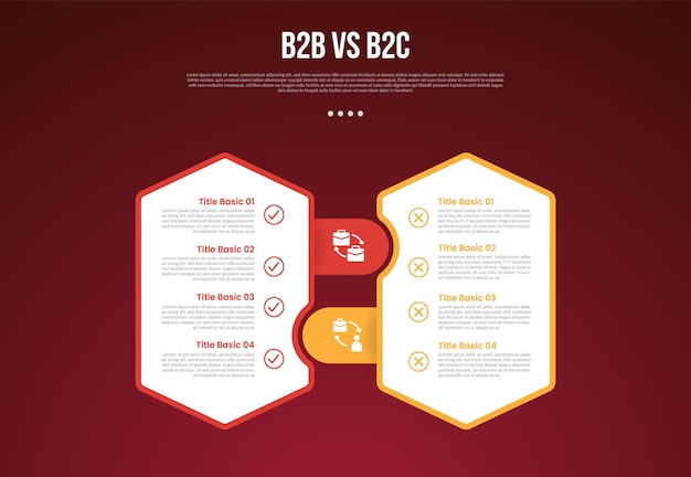B2B vs B2C business infographic for comparison data or versus with vertical hexagon with round rectangle box join with modern dark gradient style background for slide presentation