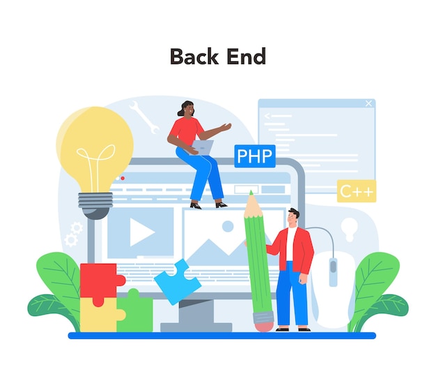 Back end development concept Software development process Website interface design improvement Programming and coding IT profession Isolated flat vector illustration