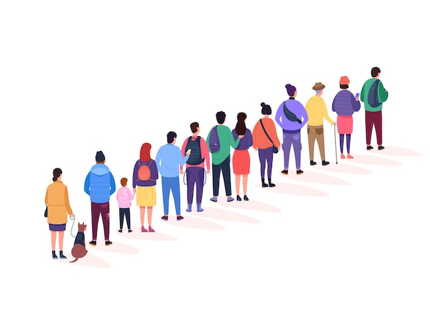 Back stand queue Queueing people crowd long line in public bathroom group person waiting buy airport ticket standing character shopping registration