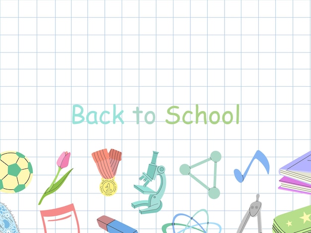 Back to School flat style school supplies template Doodle lettering and school object collection