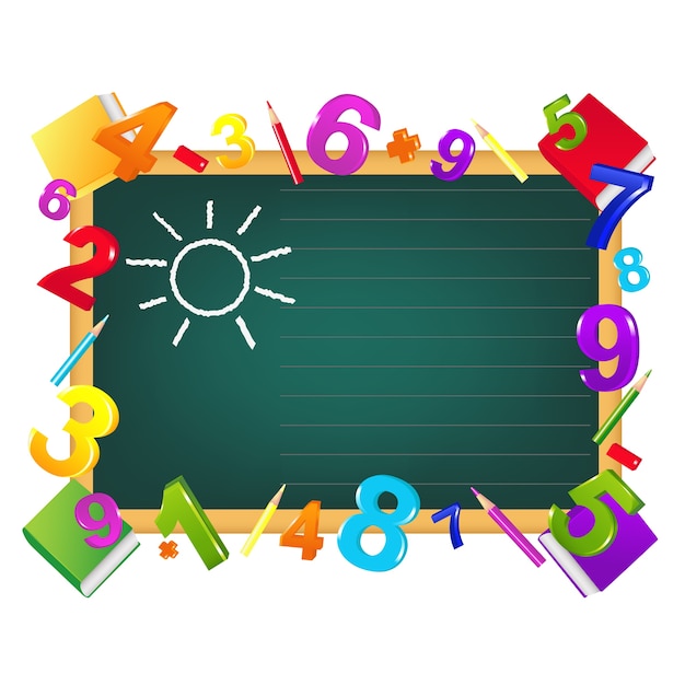 Back To School Template Design From Blackboard, Color Pencils, Figures, Textbooks,  On White