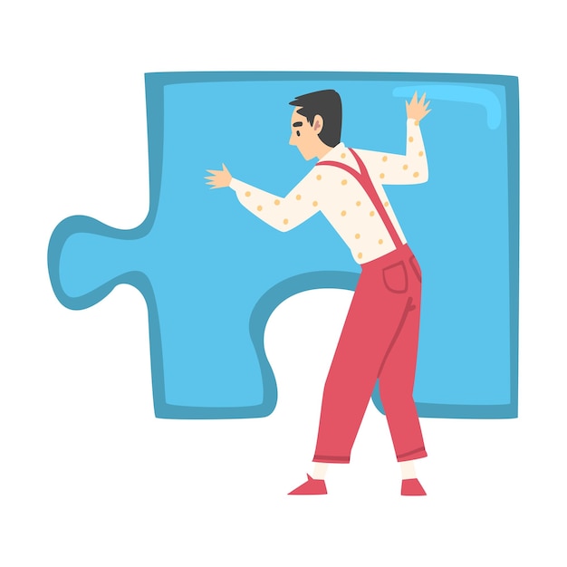 back view of young man solving jigsaw puzzle person trying to connect blue puzzle element cartoon style vector illustration